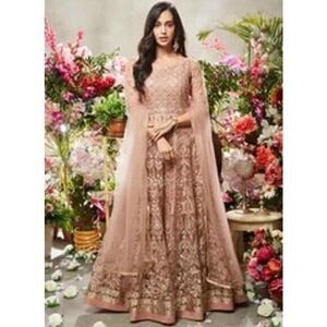 Dusty Mauve Embroidered Net Anarkali Bollywood Dress